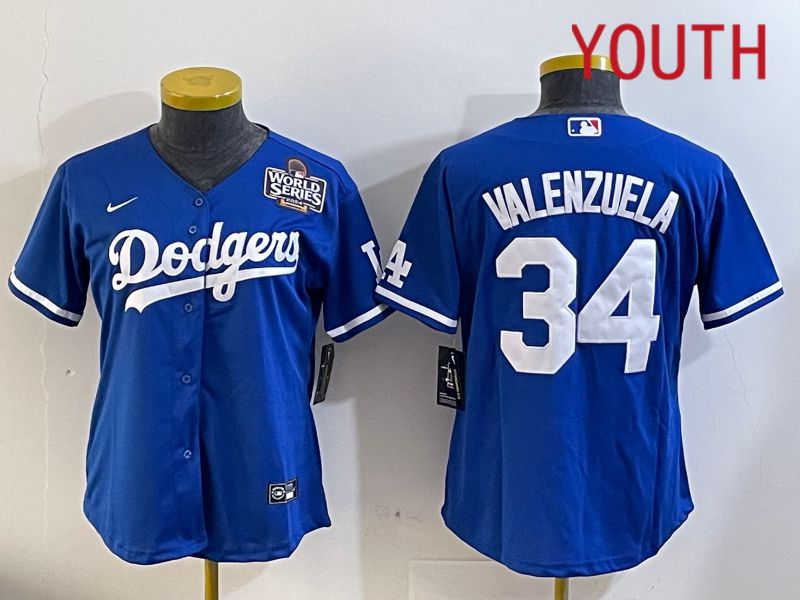Youth  Los Angeles Dodgers #34 Valenzuela 2024 World series patch blue jersey 20241120120->youth mlb jersey->Youth Jersey